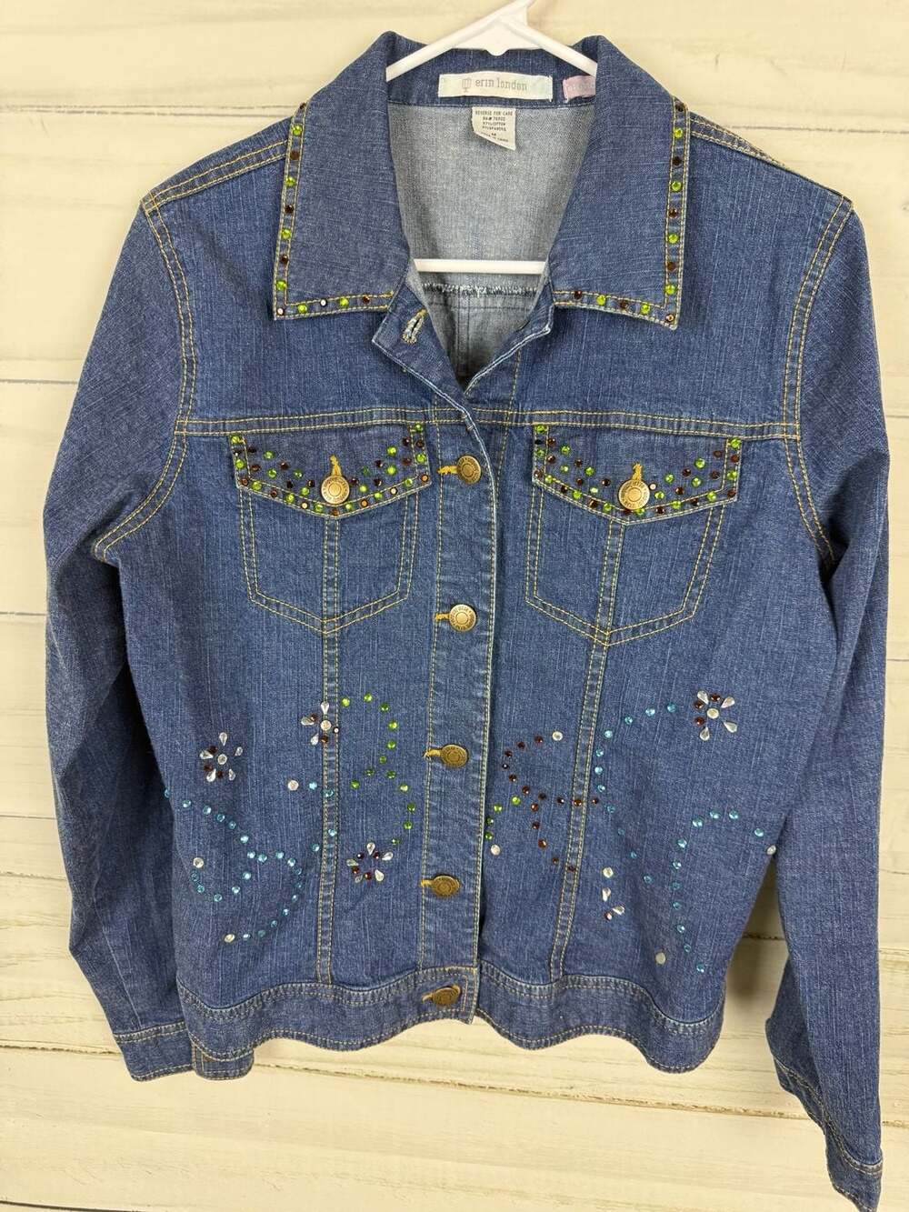 Erin London Women's Stretch Denim Jacket with Rhinestone Embellishments